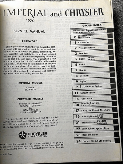 Servicemanual till Chrysler och Imperial 1970