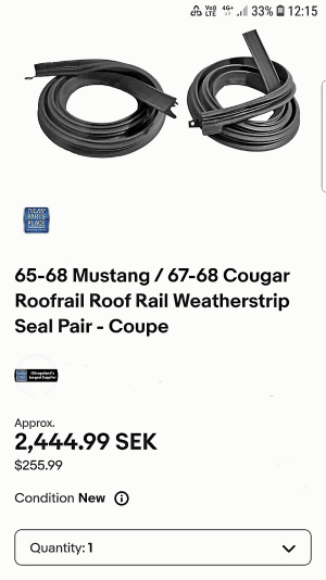 1967-1968 Ford Mustang Roof Rail Weatherstrips