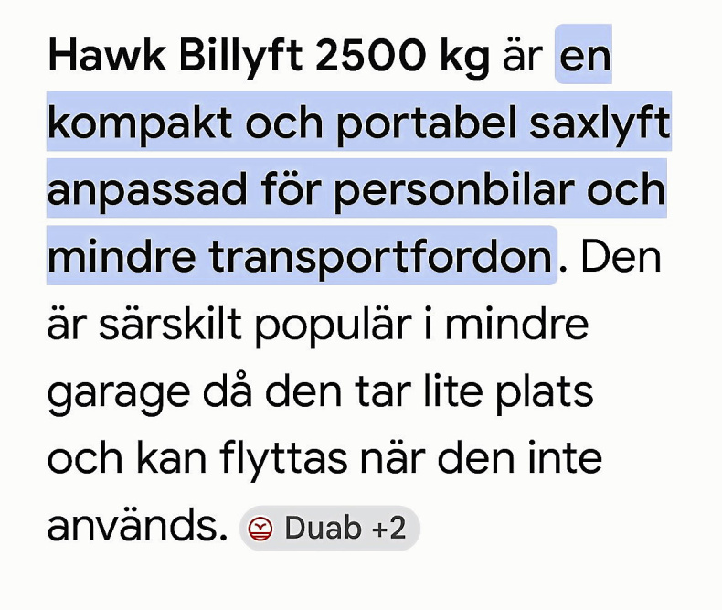 Hawk billyft 2500 kg saxlyft